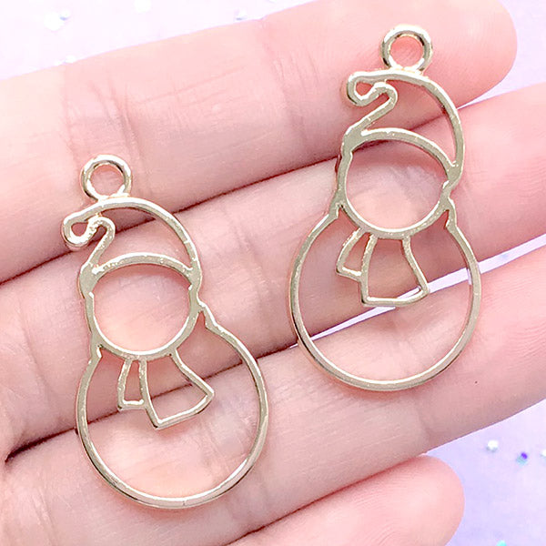 Snow Man Open Bezel Charm | Snowman Deco Frame for UV Resin Filling | Christmas Winter Jewelry Supplies (2 pcs / Gold / 19mm x 35mm)