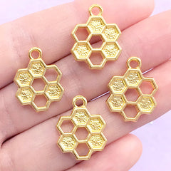 Small Honey Comb Charm | Honeycomb Deco Frame for UV Resin Filling | Kawaii Jewelry Making (4 pcs / Gold / 15mm x 20mm / 2 Sided)