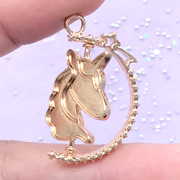Rotary Unicorn Bezel Tray with Shooting Star | Spinning Deco Frame for UV Resin Filling | Magical Girl Jewelry Making (1 piece / Gold / 22mm x 31mm)
