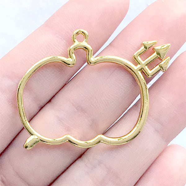 Pumpkin with Trident Open Bezel Charm | Kawaii Halloween Jewelry DIY | Open Frame for Resin Filling (1 piece / Gold / 40mm x 31mm)