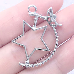 Rotary Star Open Bezel Pendant with Butterfly | Turnable Deco Frame for UV Resin Filling | Kawaii Jewelry DIY (1 piece / Silver / 24mm x 33mm)