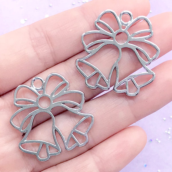Christmas Jingle Bells Open Bezel Pendant | Christmas Deco Frame for UV Resin Filling | Holiday Jewellery DIY (2 pcs / Silver / 29mm x 29mm)