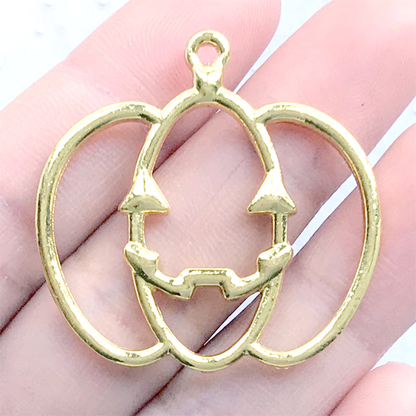 Pumpkin Open Bezel Charm for UV Resin Filling | Halloween Deco Frame | Kawaii Jewelry DIY (1 piece / Gold / 35mm x 35mm)