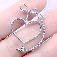 Rotary Heart Open Bezel Pendant with Shooting Star | Spinning Deco Frame for UV Resin Filling | Kawaii Jewellery DIY (1 piece / Silver / 23mm x 31mm)
