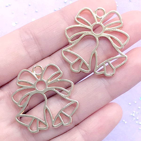 Jingle Bells Open Bezel Charm | Christmas Holiday Deco Frame | UV Resin Jewelry Making (2 pcs / Gold / 29mm x 29mm)