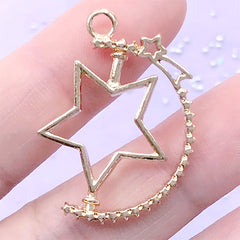 Turnable Star Open Bezel with Shooting Star | Rotary Charm | Kawaii Deco Frame for UV Resin Filling (1 piece / Gold / 24mm x 31mm)