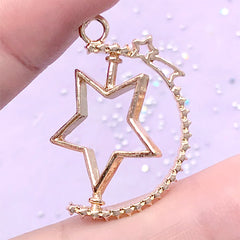 Turnable Star Open Bezel with Shooting Star | Rotary Charm | Kawaii Deco Frame for UV Resin Filling (1 piece / Gold / 24mm x 31mm)