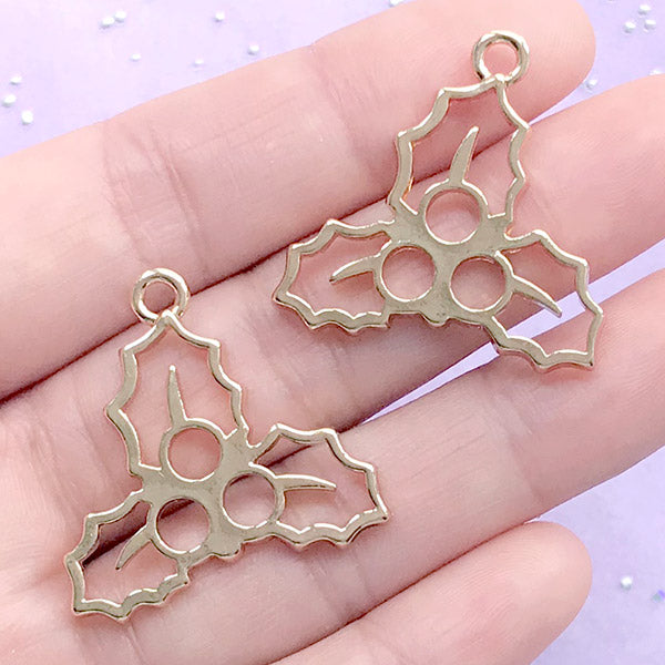 Holly Leaf Open Bezel Pendant | Christmas Leaves Deco Frame for UV Resin Filling | Christmas Jewellery DIY (2 pcs / Gold / 29mm x 28mm)