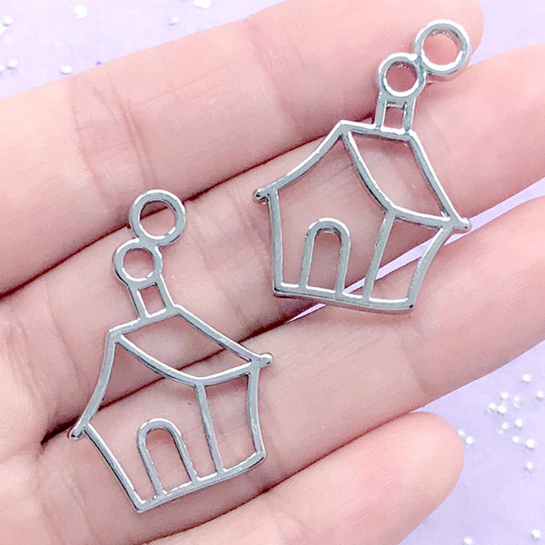 CLEARANCE Christmas House Open Bezel Charm | Cute Deco Frame for UV Resin Filling | Resin Jewellery Making (2 pcs / Silver / 23mm x 31mm)