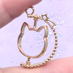 Rotary Open Bezel Pendant with Cat Head and Shooting Star | Kawaii Turnable Animal Deco Frame for UV Resin Filling (1 piece / Gold / 23mm x 31mm)