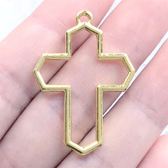 Catholic Cross Open Bezel Charm | Kawaii Goth Jewelry DIY | Religion Deco Frame for UV Resin Filling (1 piece / Gold / 26mm x 37mm)