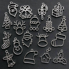 Assorted Christmas Open Bezel Charm | Holiday Deco Frame for UV Resin Filling | Kawaii Resin Jewelry Supplies (18 pcs / Silver)