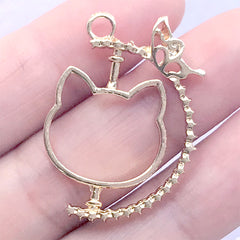 Kawaii Kitty Open Bezel Charm with Butterfly | Spinning Cat Shaped Deco Frame | UV Resin Jewelry Making (1 piece / Gold / 23mm x 33mm)