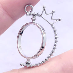Rotary Round Open Bezel Charm with Crown | Turnable Deco Frame for UV Resin Filling | Kawaii Jewelry Supplies (1 piece / Silver / 23mm x 33mm)