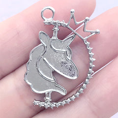 Spinning Unicorn Bezel Tray Pendant with Crown | Mahou Kei Deco Frame | Magical Girl Jewellery DIY (1 piece / Silver / 23mm x 33mm)