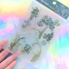 Blue Flower Stickers with Gold Foil | Golden Floral Sticker | Planner Decoration | Embellishments for Scrapbook (3 Sheets)
