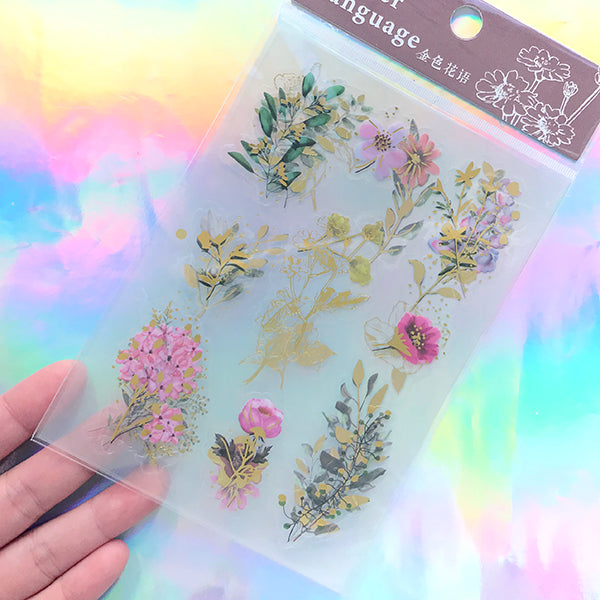 Floral Stickers with Gold Foil, Purple Pink Flower Sticker, Golden E, MiniatureSweet, Kawaii Resin Crafts, Decoden Cabochons Supplies