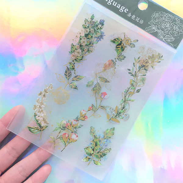 Golden Flower Stickers | Floral Sticker with Gold Foil | Planner Deco Sticker | Embellishments for Scrapbooking (3 Sheets)