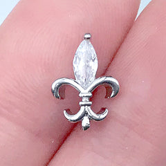 Fleur De Lis Nail Charm with Rhinestone | Luxury Royal Lily Embellishment | Sparkle Resin Inclusion (1 piece / Silver / 8mm x 12mm)