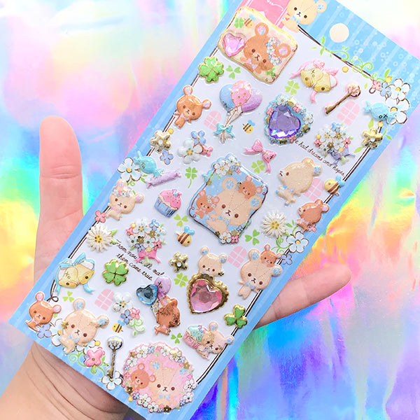 Rhinestones and Bear Puffy Sticker | Kawaii Animal Sticker | Glittery Deco Sticker | Scrapbooking Supplies