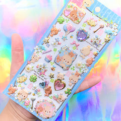 Rhinestones and Bear Puffy Sticker | Kawaii Animal Sticker | Glittery Deco Sticker | Scrapbooking Supplies