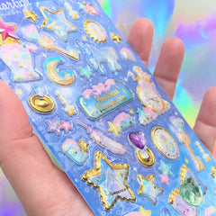 Magical Puffy Stickers with Glitter and Rhinestones | Unicorn Star Moon Magic Potion Ribbon Pocket Watch Sticker | Gold Foil Deco Sticker