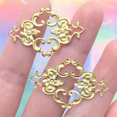 Rhombic Filigree Baroque Ornament for Jewelry DIY | Rococo Metal Accent Pieces | Antique Flower Embellishment | Floral Cabochon Base (3 pcs / Gold / 36mm x 23mm)