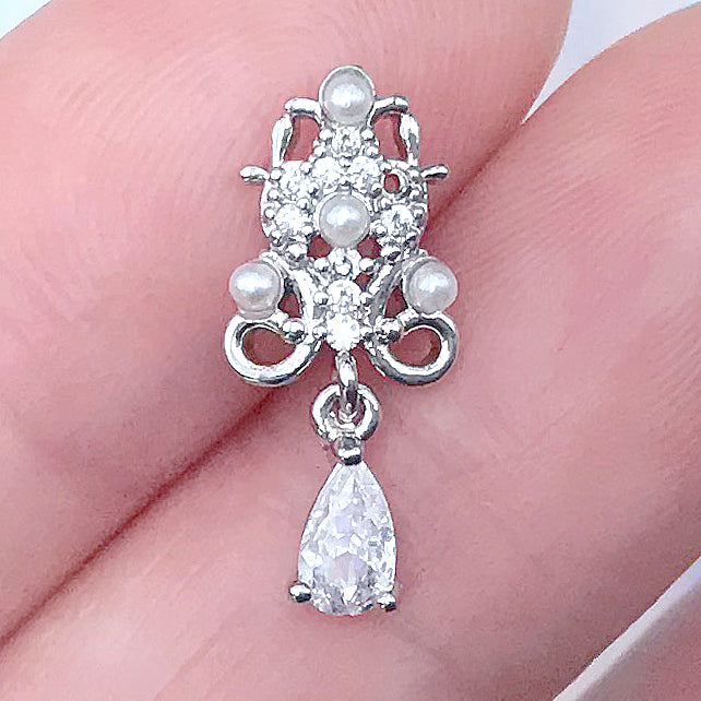 Dangle Nail Charm with Rhinestones and Pearls | Luxury Embellishment for Nail Designs (1 piece / Silver / 8mm x 18mm)