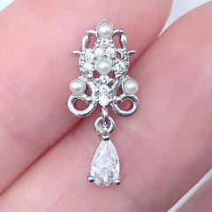 Dangle Nail Charm with Rhinestones and Pearls | Luxury Embellishment for Nail Designs (1 piece / Silver / 8mm x 18mm)