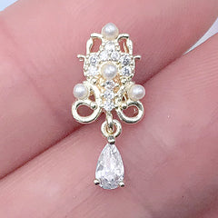 Dangling Nail Charm with Rhinestones and Pearls | Luxury Nail Design | Bling Bling Embellishment (1 piece / Gold / 8mm x 18mm)