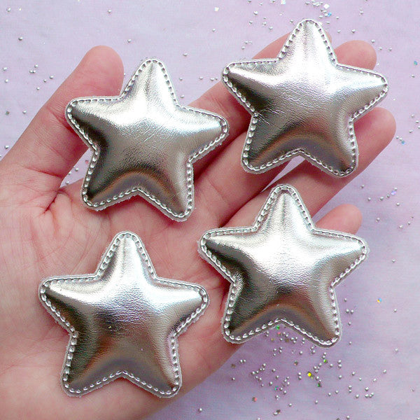 Silver Star Appliques | Baby Hair Accessory Making | Kawaii Jewelry DIY (4 pcs / 50mm x 48mm)