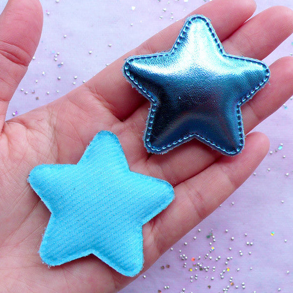 MiniatureSweet Decora Kei Hair Clips Making | Kawaii Puffy Star Appliques | Baby Hair Bow DIY (Metallic Blue / 4 Pcs / 50mm x 48mm)
