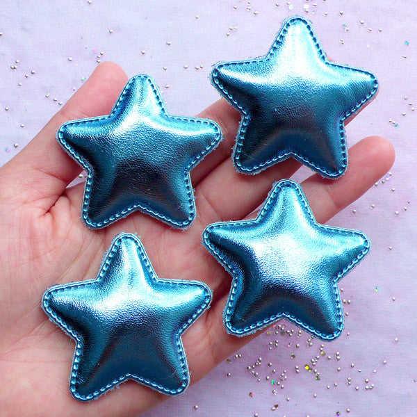 MiniatureSweet Decora Kei Hair Clips Making | Kawaii Puffy Star Appliques | Baby Hair Bow DIY (Metallic Blue / 4 Pcs / 50mm x 48mm)