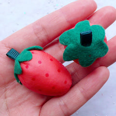 CLEARANCE Soft Fabric Strawberry in 3D | Fabric Fruit Applique | Kawaii Bag Charm & Planner Charm Making | Toddler Hair Accessories DIY | Cute Craft Supplies (2pcs / 25mm x 40mm)