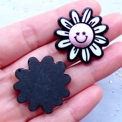 Happy Flower Acrylic Cabochons | Harajuku Decora Jewelry Making | Decoden Supplies | Kawaii Phone Case Decoration (2pcs / 30mm x 30mm / Flat Back)