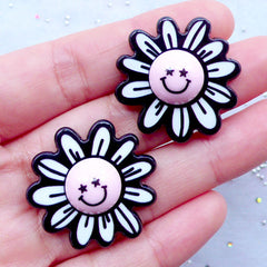 Happy Flower Acrylic Cabochons | Harajuku Decora Jewelry Making | Decoden Supplies | Kawaii Phone Case Decoration (2pcs / 30mm x 30mm / Flat Back)