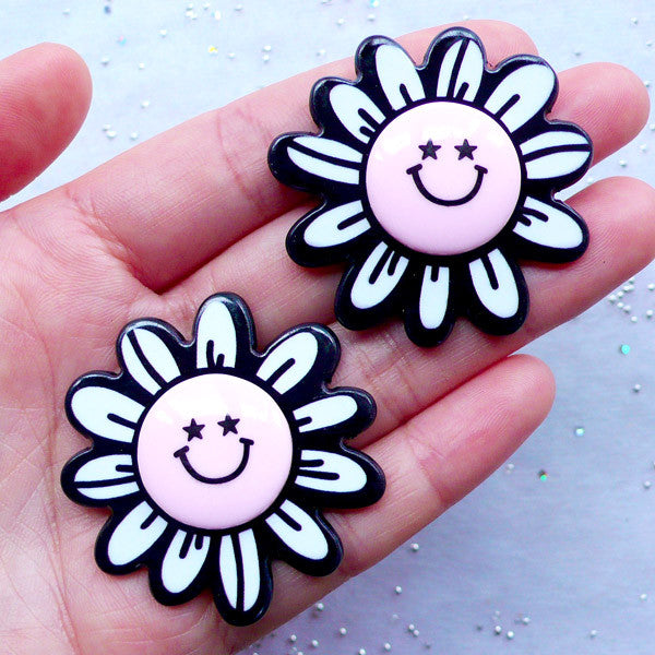 Kawaii Flower Cabochons with Happy Face | Acrylic Decoden Pieces | Har |  MiniatureSweet | Kawaii Resin Crafts | Decoden Cabochons Supplies