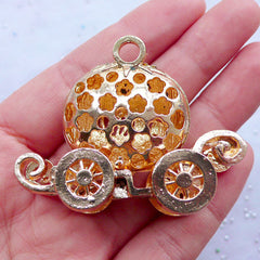 Cinderella Pumpkin Carriage Metal Cabochon (Baby Pink, Gold w/ Clear Rhinestones) (41mm x 52mm) Cell Phone Deco Jewelry Making Decoden CAB113
