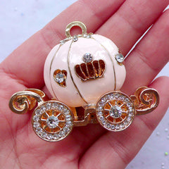 Cinderella Pumpkin Carriage Metal Cabochon (Baby Pink, Gold w/ Clear Rhinestones) (41mm x 52mm) Cell Phone Deco Jewelry Making Decoden CAB113