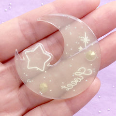 Magical Moon and Star Cabochon with Rhinestones | Kawaii Magical Girl Decoden | Glittery Resin Cabochon (1 piece / Translucent Yellow / 42mm x 44mm)