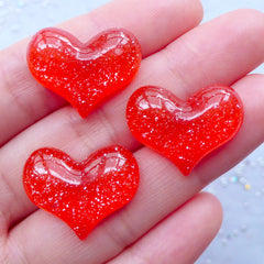 Glittery Puffy Heart Cabochons | Kawaii Phone Case Decoden | Shimmer Resin Cabochon | Wedding Table Scatter (3 pcs / Red / 22mm x 18mm / Flatback)