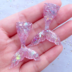Mermaid Cabochons with Iridescent Mica Flakes | Kawaii Cabochon | Phone Case Decoden | Table Scatter (2pcs / Pink / 31mm x 44mm / Flatback)