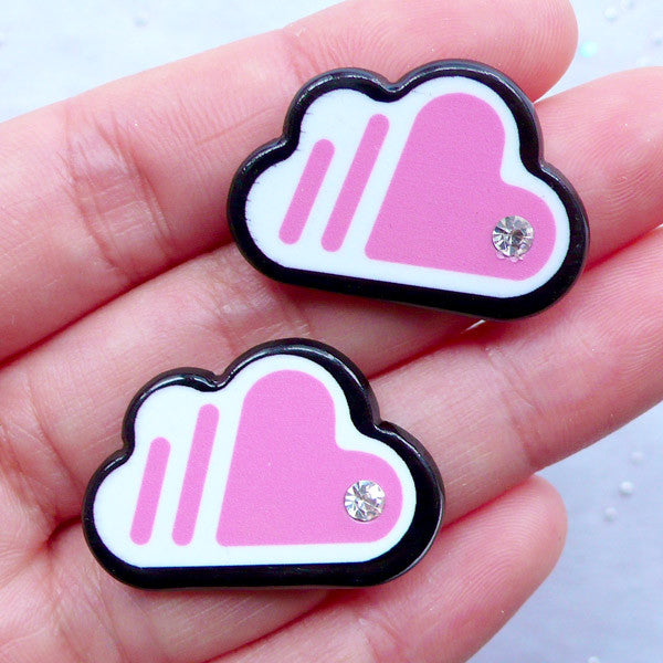 Cloud Acrylic Cabochon with Rhinestone | Scrapbook Supplies | Decoden Phone Case | Lapin Pin DIY | Brooch Making (2pcs / Pink / 29mm x 20mm / Flatback)