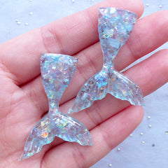 Iridescent Mermaid Tail Cabochons | Kawaii Resin Cabochon with Mica Flakes | Decoden Supplies | Mermaid Party Decoration (2pcs / Blue / 31mm x 44mm / Flatback)