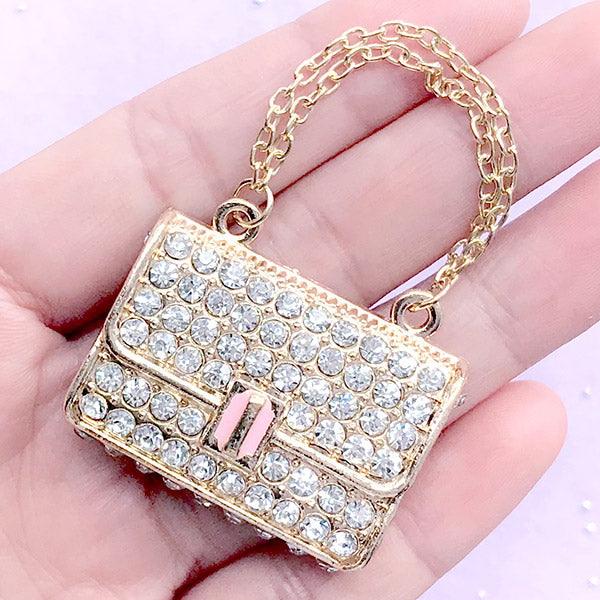 Rhinestone Handbag Purse Charm / Bling Bling Woman Pouch Cabochon (Gold / 36mm x 31mm) Doll Fashion Accessories Metal Decoden Piece CAB156