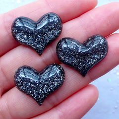 Puffy Heart Cabochons with Glitter | Decoden Cabochon | Resin Hearts | Kawaii Craft Supplies | Cell Phone Deco (3 pcs / Black / 22mm x 18mm / Flatback)