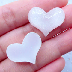 CLEARANCE Heart Resin Cabochons with Glitter | Glittery Cabochon | Kawaii Heart Flatback | Decoden Supplies | Phone Decoration (3 pcs / White / 22mm x 18mm / Flatback)