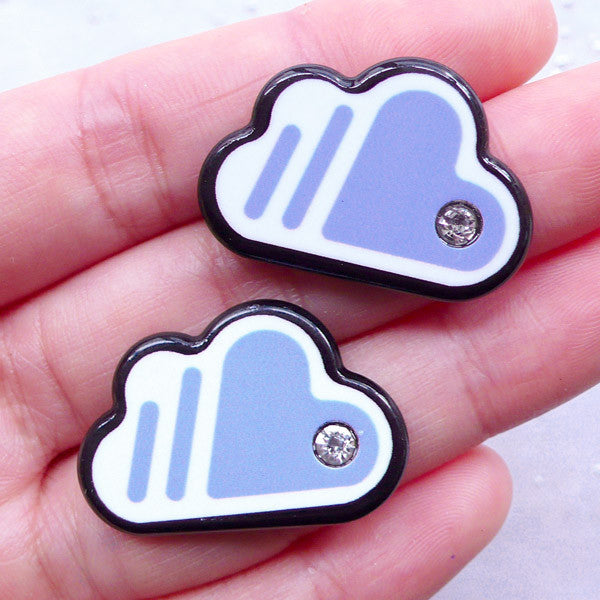 Acrylic Cloud Cabochon with Rhinestone | Card Decoration | Kawaii Decoden | Clutch Pin Making | Brooch DIY (2pcs / Blue / 29mm x 20mm / Flat Back)