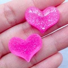 Resin Heart Flatback with Glitter | Kawaii Cabochon Supplies | Glittery Decoden Pieces | Valentine's Day Decoration (3 pcs / Dark Pink / 22mm x 18mm / Flatback)