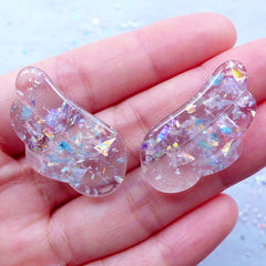 Clear Angel Wing Cabochons with Holographic Flakes | Kawaii Magical Girl Cabochons | Mahou Kei Decoden | Fairy Girl Jewelry (2pcs / Transparent / 18mm x 32mm / Flatback)